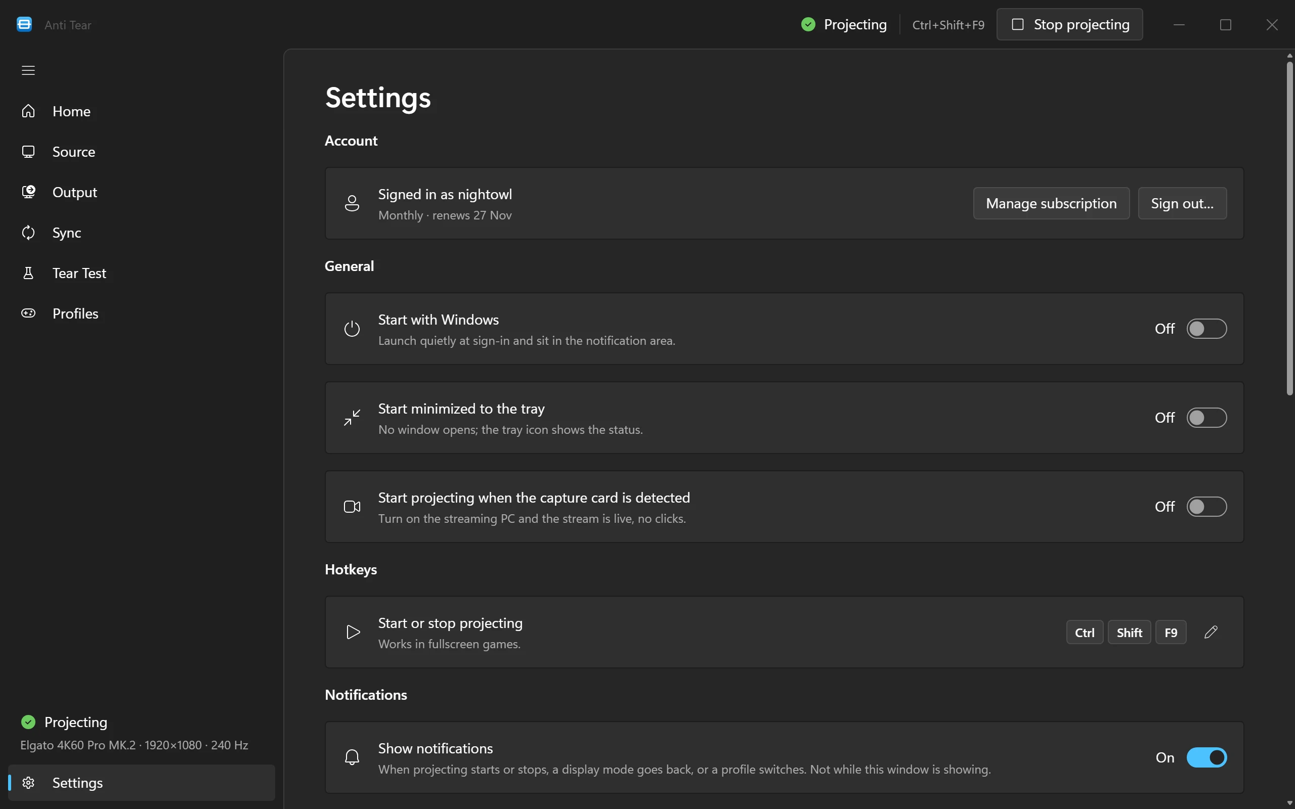 Anti Tear's Settings: Start with Windows, Start minimized to the tray, Start projecting when the capture card is detected, the Ctrl+Shift+F9 hotkey and notifications