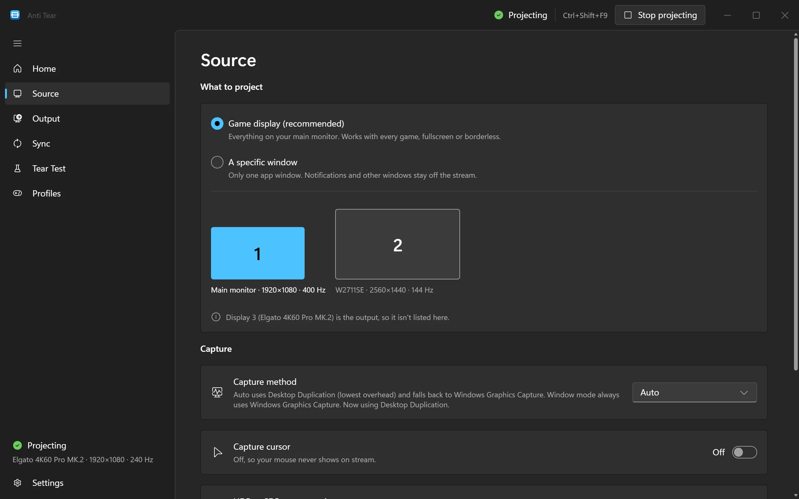 Anti Tear's Source page: Game display (recommended) or a specific window, with the main monitor picked, capture method Auto using Desktop Duplication, and Capture cursor off