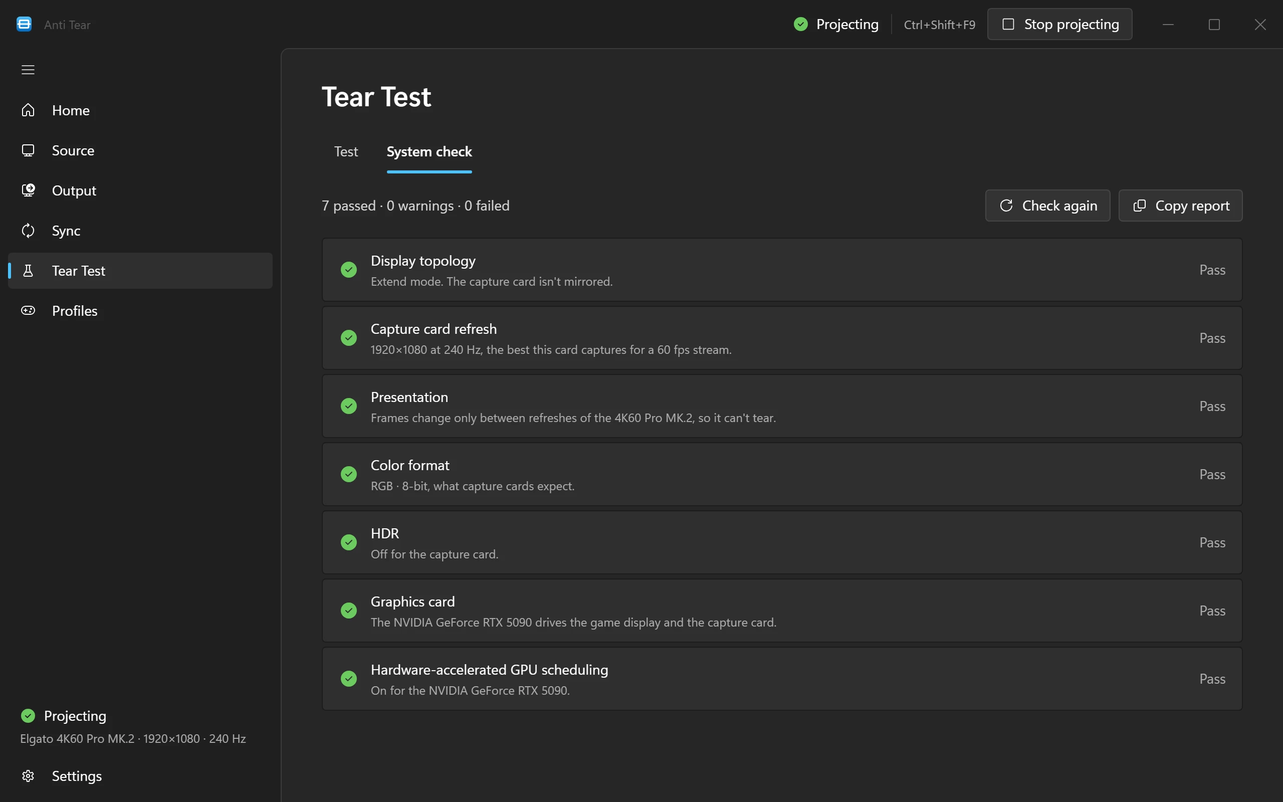 Anti Tear's System check: 7 passed, 0 warnings, 0 failed, from display topology to hardware-accelerated GPU scheduling