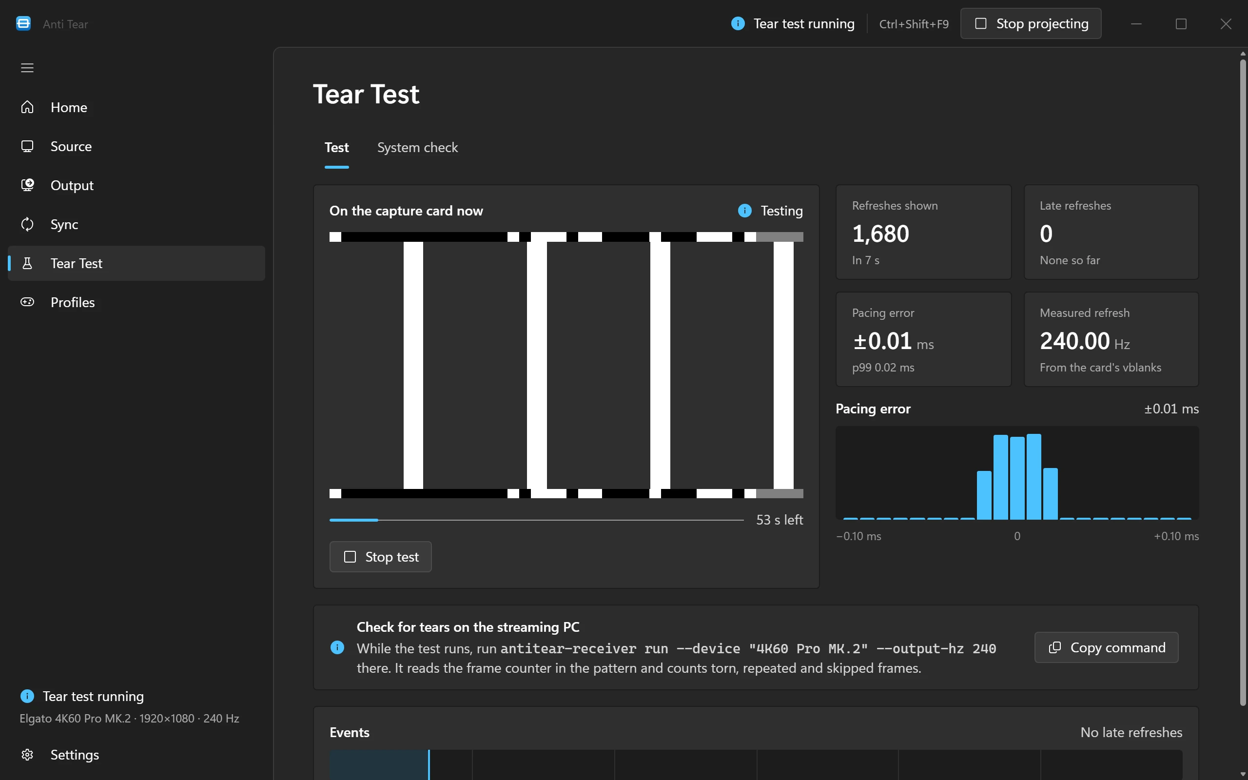 Anti Tear's tear test running: moving bars on the capture card, 1,680 refreshes shown and none late, pacing error ±0.01 ms, and the command to run on the streaming PC